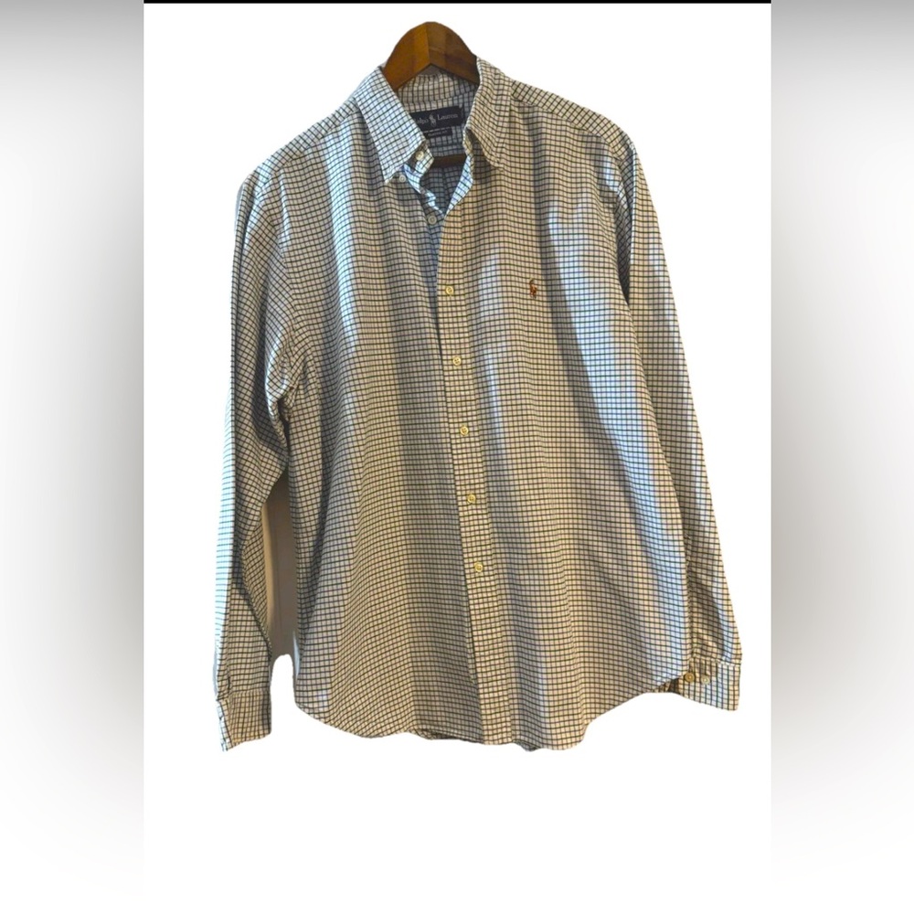 RALPH LAUREN Men's Size XL (17.5) Blue Gingham Check Oxford Cotton Classic